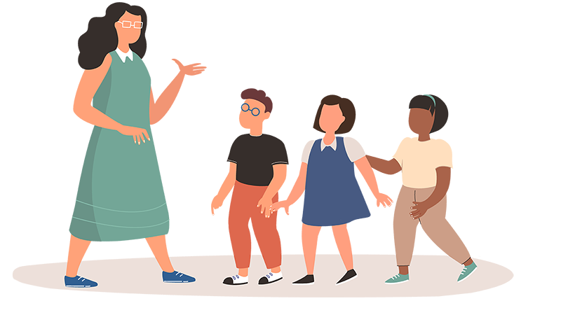 Illustration of a female teacher standing on the right side wearing a green dress talking to three kids who listen attentively